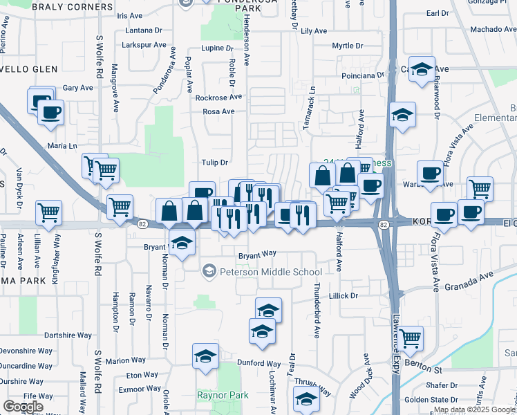 map of restaurants, bars, coffee shops, grocery stores, and more near 1053 East El Camino Real in Sunnyvale