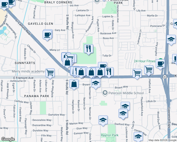 map of restaurants, bars, coffee shops, grocery stores, and more near 963 East El Camino Real in Sunnyvale