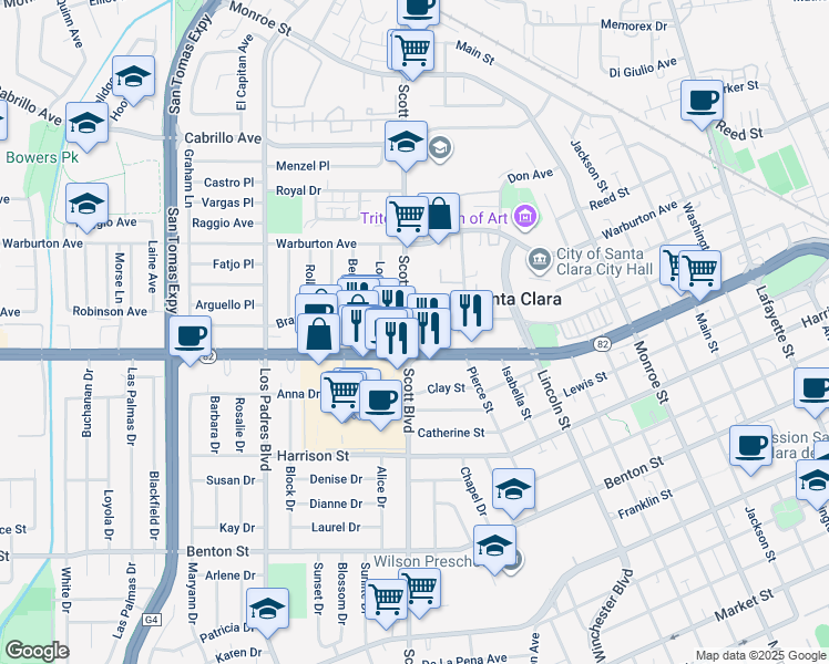 map of restaurants, bars, coffee shops, grocery stores, and more near 1942 Hillebrant Place in Santa Clara