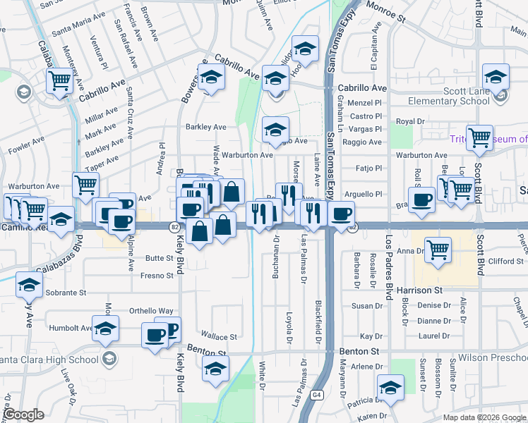 map of restaurants, bars, coffee shops, grocery stores, and more near 2585 El Camino Real in Santa Clara