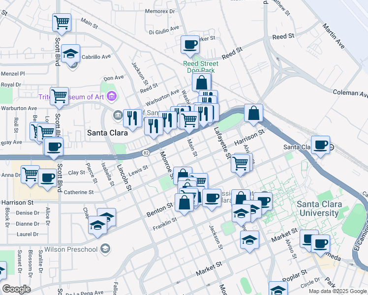 map of restaurants, bars, coffee shops, grocery stores, and more near 1157 Lewis Street in Santa Clara