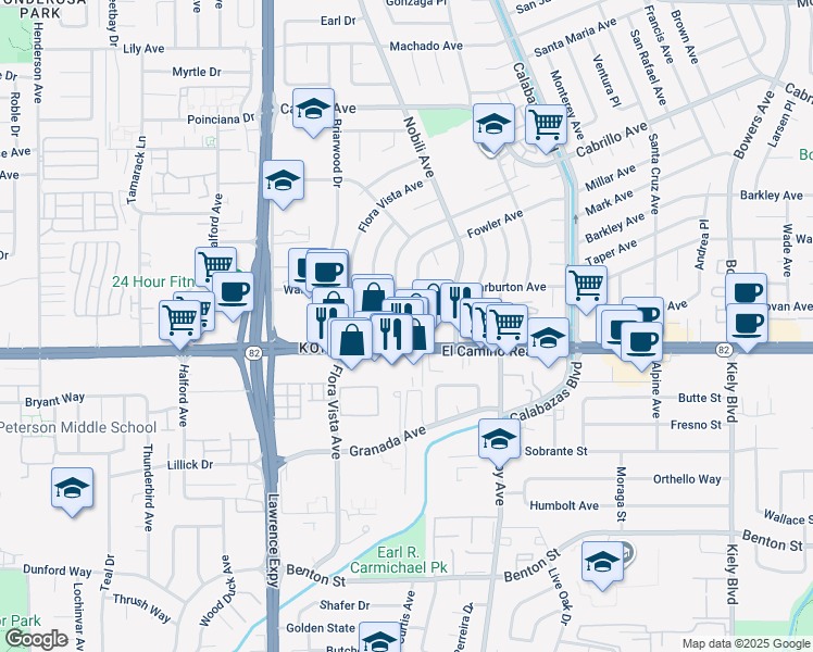 map of restaurants, bars, coffee shops, grocery stores, and more near 3445 El Camino Real in Santa Clara