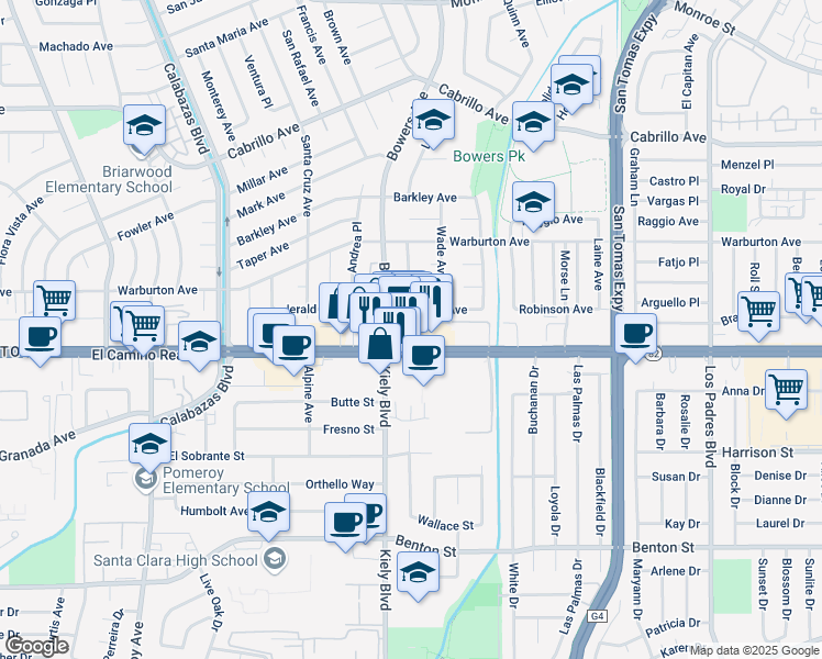 map of restaurants, bars, coffee shops, grocery stores, and more near 2785 El Camino Real in Santa Clara