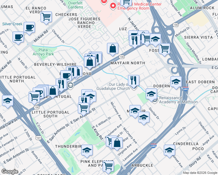 map of restaurants, bars, coffee shops, grocery stores, and more near 1920 Stowe Avenue in San Jose