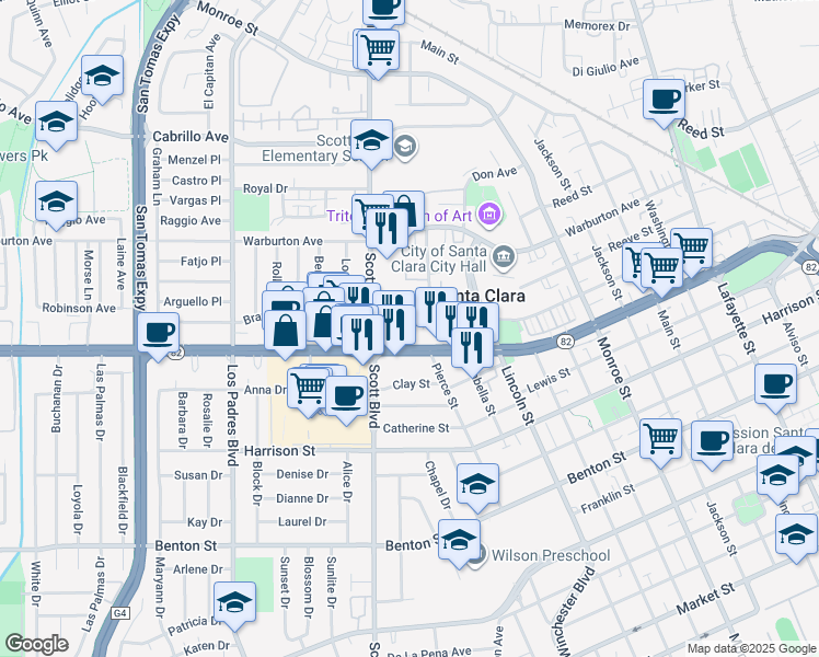 map of restaurants, bars, coffee shops, grocery stores, and more near 1810 Hillebrant Place in Santa Clara