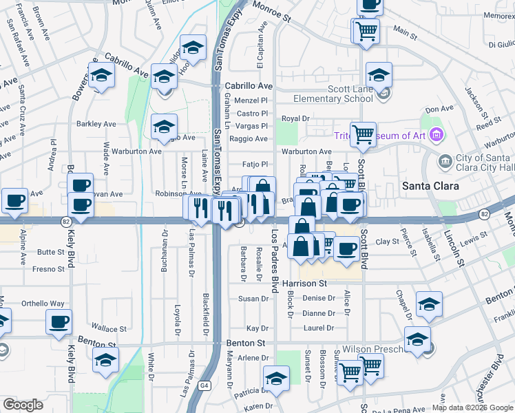 map of restaurants, bars, coffee shops, grocery stores, and more near 2340 Bray Avenue in Santa Clara