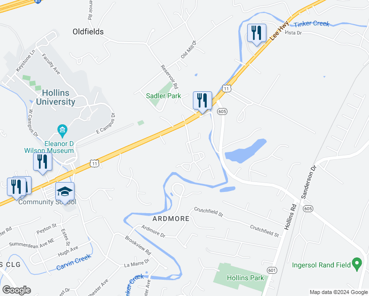map of restaurants, bars, coffee shops, grocery stores, and more near 8410 Stoney Corner Ln in Roanoke
