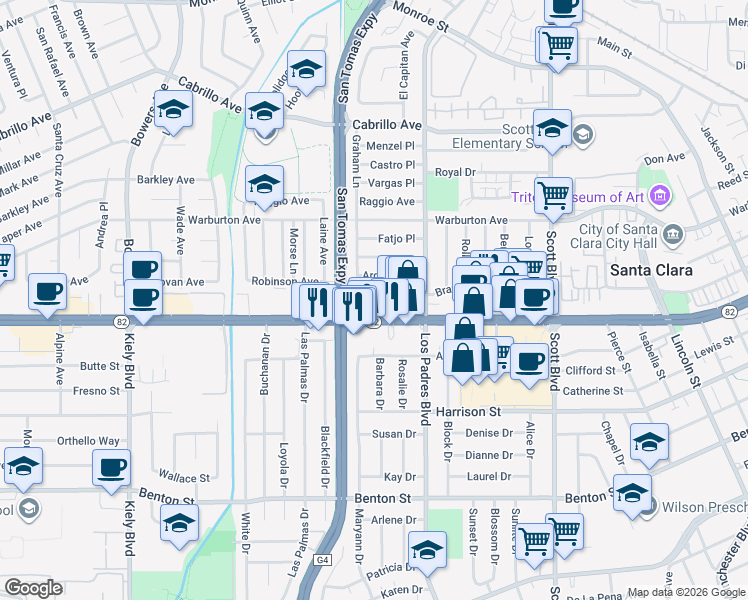 map of restaurants, bars, coffee shops, grocery stores, and more near 2340 Bray Avenue in Santa Clara
