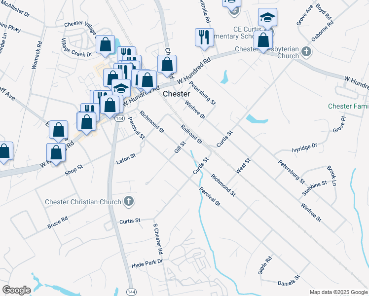 map of restaurants, bars, coffee shops, grocery stores, and more near 4019 Gill Street in Chester