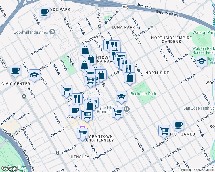 map of restaurants, bars, coffee shops, grocery stores, and more near 668 North 10th Street in San Jose