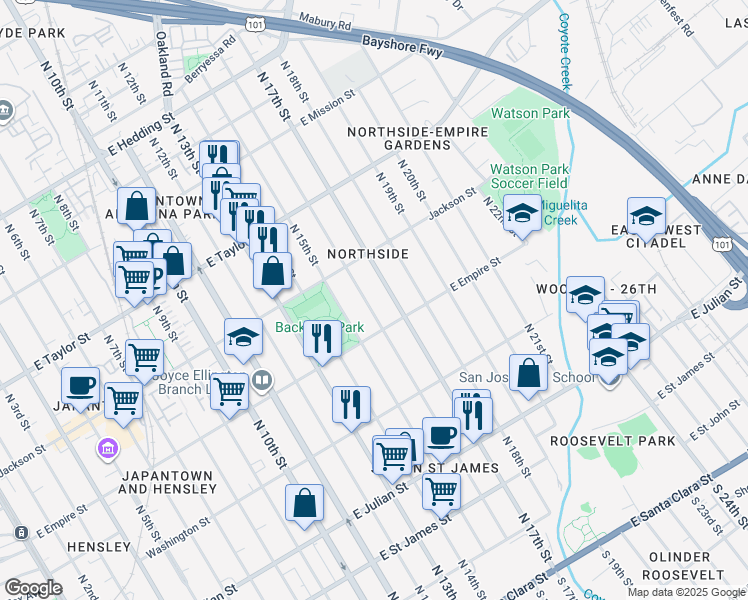 map of restaurants, bars, coffee shops, grocery stores, and more near 542 North 16th Street in San Jose