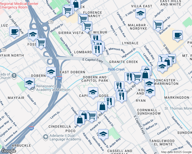map of restaurants, bars, coffee shops, grocery stores, and more near 2563 Bambi Lane in San Jose