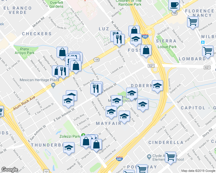 map of restaurants, bars, coffee shops, grocery stores, and more near 2078 Sunset View Place in San Jose