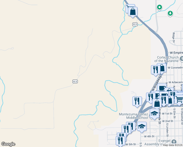 map of restaurants, bars, coffee shops, grocery stores, and more near in Cortez