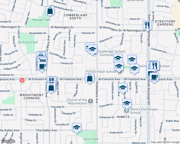 map of restaurants, bars, coffee shops, grocery stores, and more near 1262 Riesling Terrace in Sunnyvale