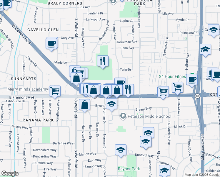 map of restaurants, bars, coffee shops, grocery stores, and more near 979 Pinto Palm Terrace in Sunnyvale