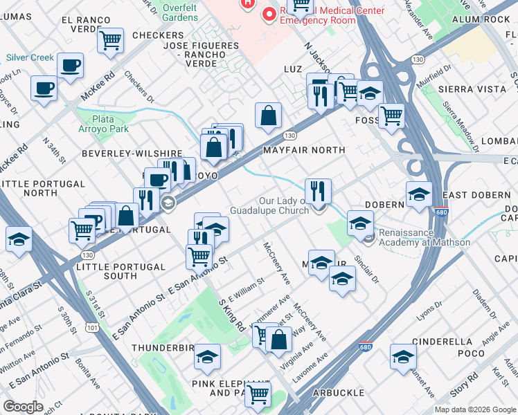 map of restaurants, bars, coffee shops, grocery stores, and more near 1920 Stowe Avenue in San Jose