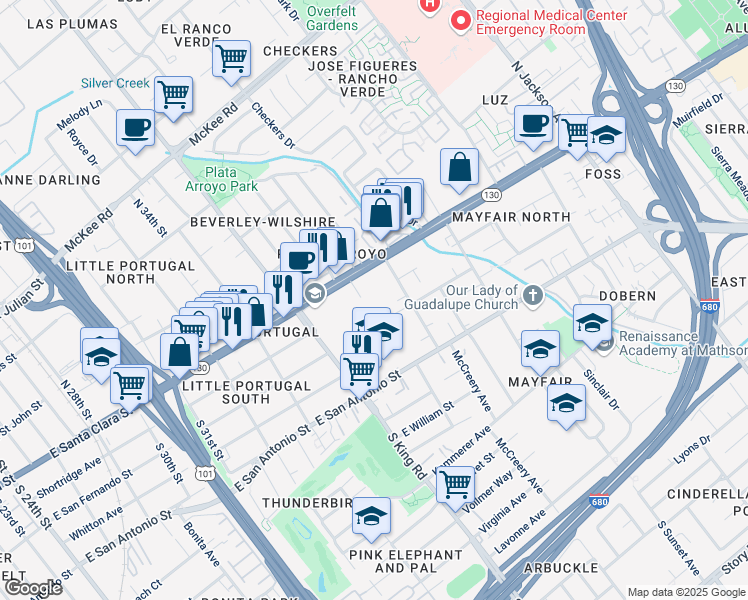map of restaurants, bars, coffee shops, grocery stores, and more near 77 Kentucky Place in San Jose