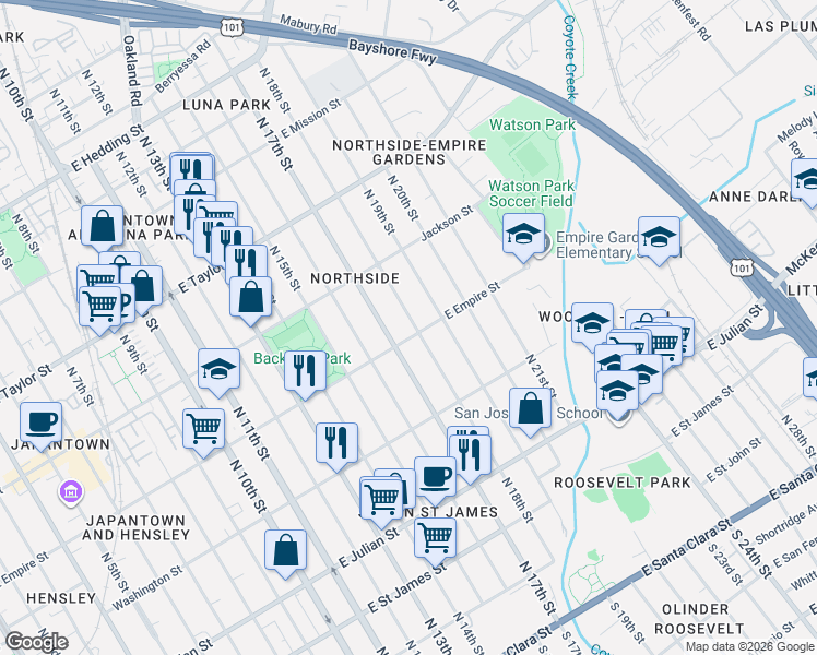 map of restaurants, bars, coffee shops, grocery stores, and more near 522 North 17th Street in San Jose