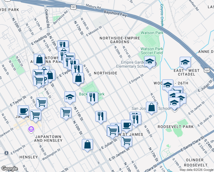 map of restaurants, bars, coffee shops, grocery stores, and more near 542 North 16th Street in San Jose
