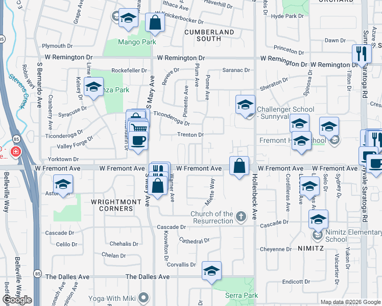 map of restaurants, bars, coffee shops, grocery stores, and more near 1277 East Fremont Terrace in Sunnyvale