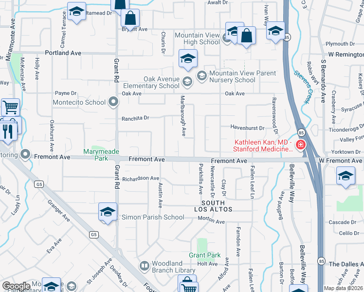 map of restaurants, bars, coffee shops, grocery stores, and more near 1574 Wessex Avenue in Los Altos