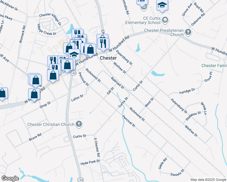 map of restaurants, bars, coffee shops, grocery stores, and more near 4019 Gill Street in Chester