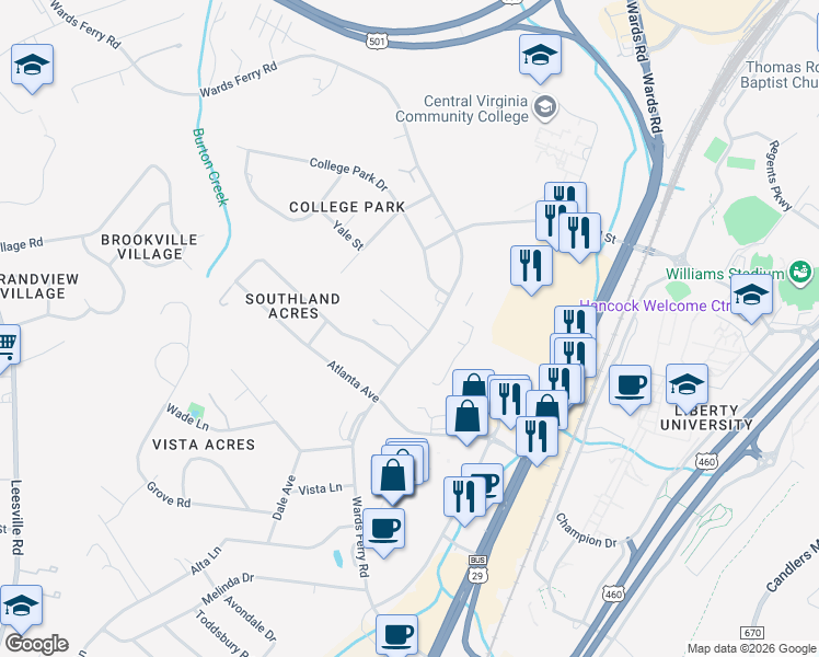 map of restaurants, bars, coffee shops, grocery stores, and more near 1307 Wards Ferry Rd in Lynchburg