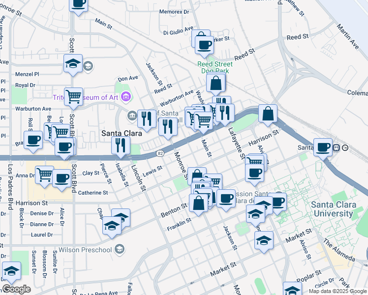 map of restaurants, bars, coffee shops, grocery stores, and more near 1212 El Camino Real in Santa Clara
