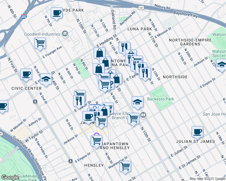 map of restaurants, bars, coffee shops, grocery stores, and more near 696 North 9th Street in San Jose
