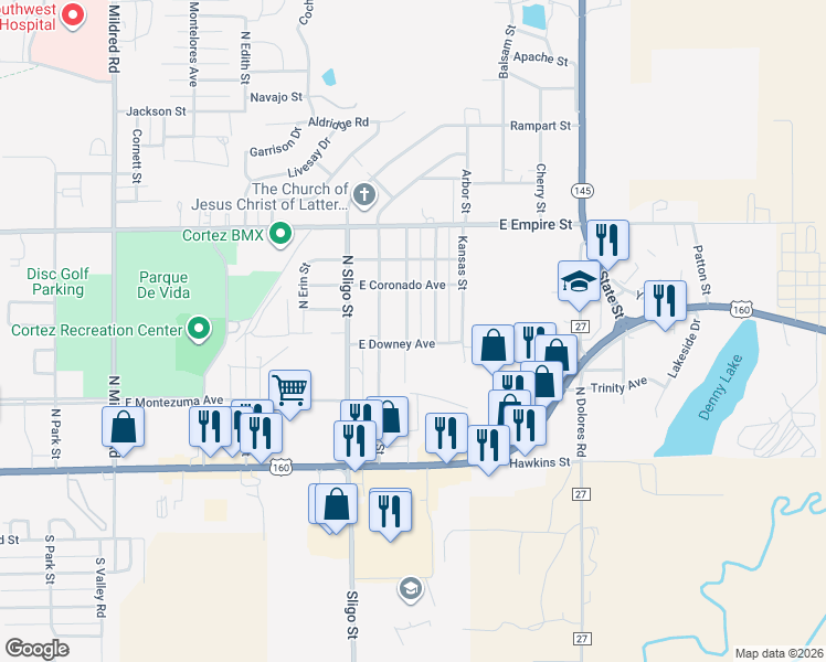 map of restaurants, bars, coffee shops, grocery stores, and more near 406 North Texas Street in Cortez