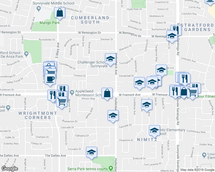 map of restaurants, bars, coffee shops, grocery stores, and more near 1262 Riesling Terrace in Sunnyvale