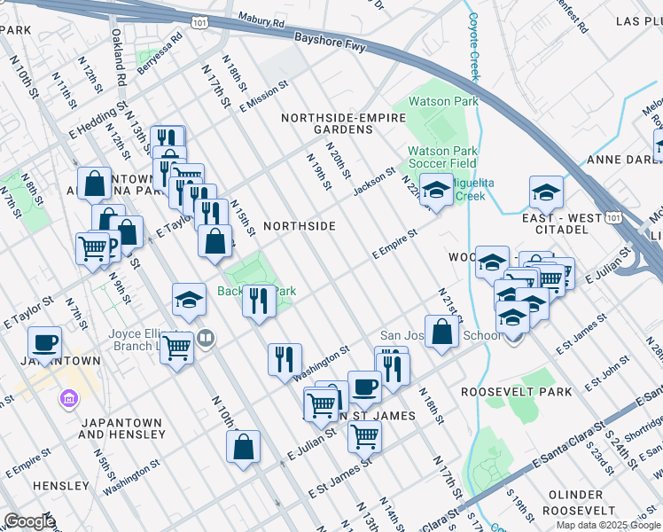 map of restaurants, bars, coffee shops, grocery stores, and more near 522 North 17th Street in San Jose