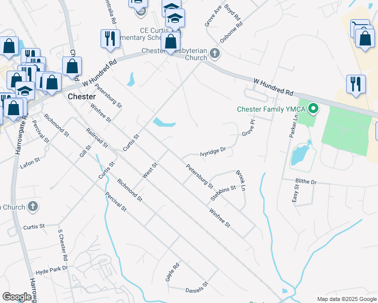 map of restaurants, bars, coffee shops, grocery stores, and more near 3930 Ivyridge Drive in Chester