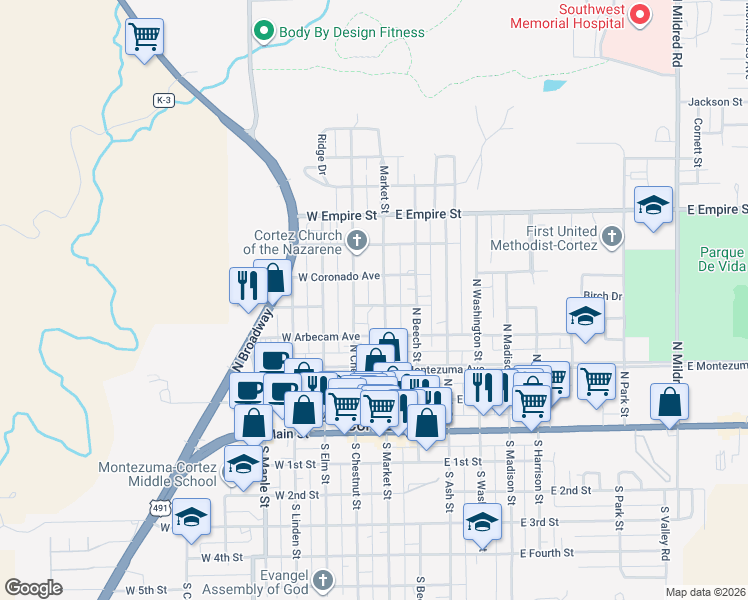map of restaurants, bars, coffee shops, grocery stores, and more near 4 West Downey Avenue in Cortez