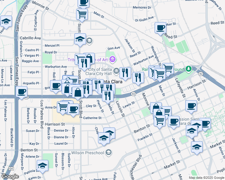 map of restaurants, bars, coffee shops, grocery stores, and more near 1599 Lincoln Street in Santa Clara