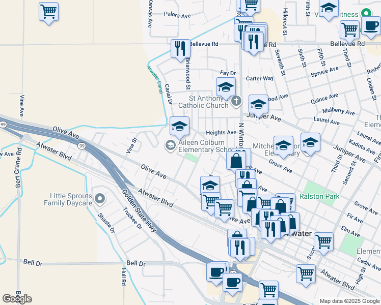 map of restaurants, bars, coffee shops, grocery stores, and more near 1460 Herman Street in Atwater