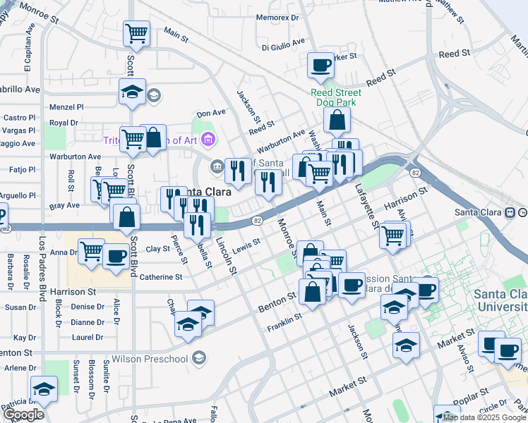 map of restaurants, bars, coffee shops, grocery stores, and more near 1363 East El Camino Real in Santa Clara