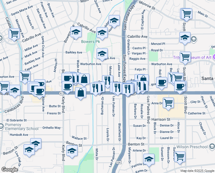 map of restaurants, bars, coffee shops, grocery stores, and more near 1620 Morse Lane in Santa Clara