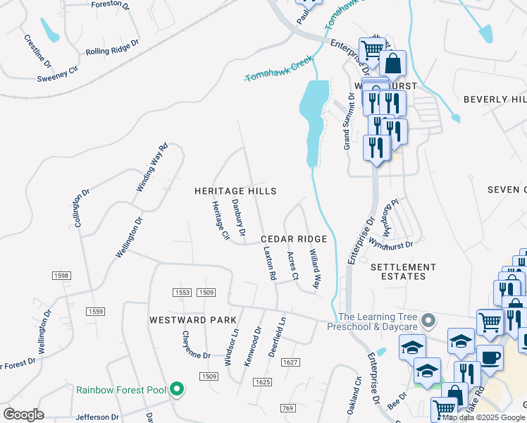 map of restaurants, bars, coffee shops, grocery stores, and more near 1702 Laxton Road in Lynchburg