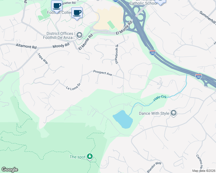map of restaurants, bars, coffee shops, grocery stores, and more near 12008 Emeraldhill Lane in Los Altos Hills