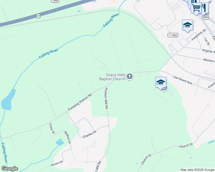 map of restaurants, bars, coffee shops, grocery stores, and more near Virginia 719 in Appomattox