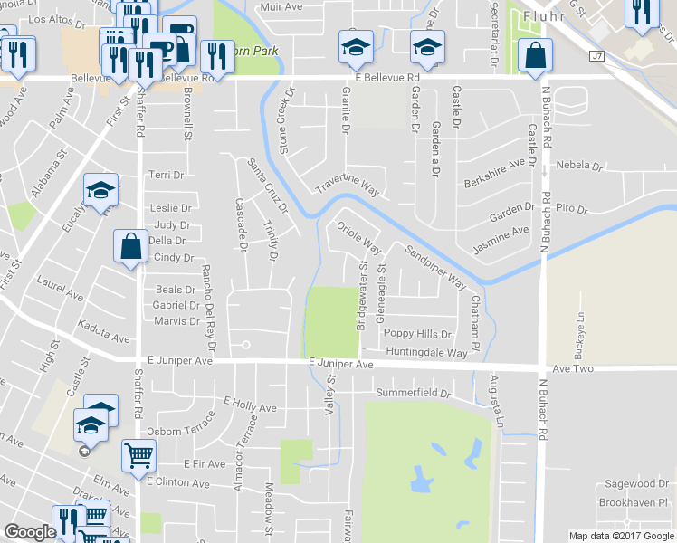 map of restaurants, bars, coffee shops, grocery stores, and more near 2037 Woodside Court in Atwater