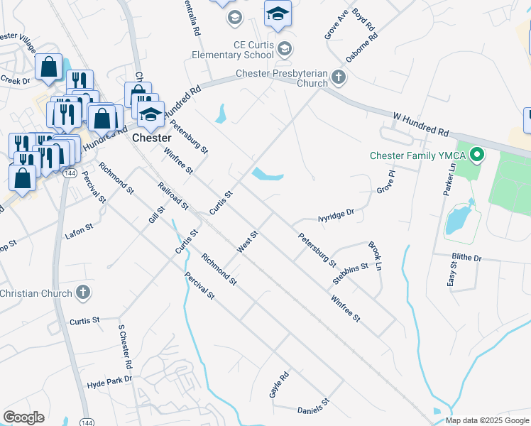 map of restaurants, bars, coffee shops, grocery stores, and more near 12348 Petersburg Street in Chester