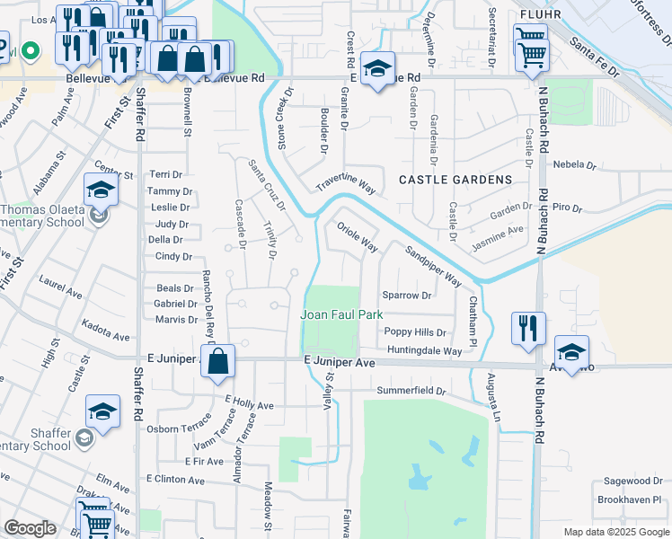 map of restaurants, bars, coffee shops, grocery stores, and more near 2037 Woodside Court in Atwater