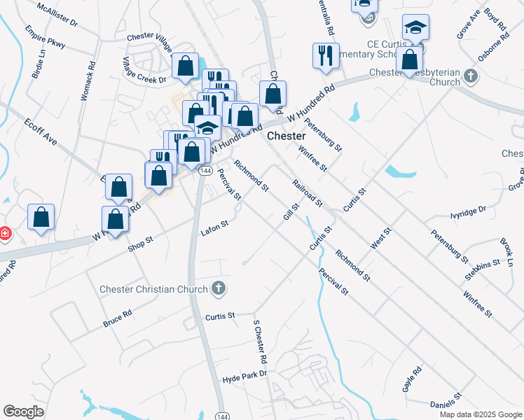map of restaurants, bars, coffee shops, grocery stores, and more near 12225 Percival Street in Chester