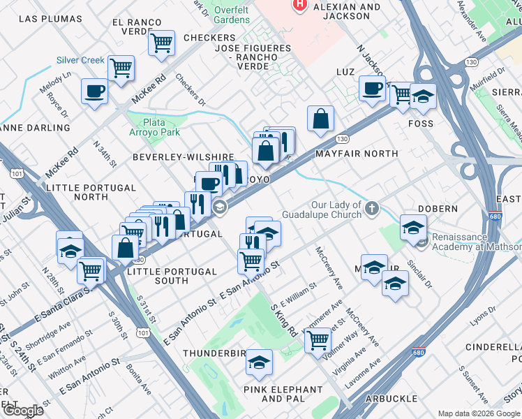 map of restaurants, bars, coffee shops, grocery stores, and more near 77 Kentucky Place in San Jose