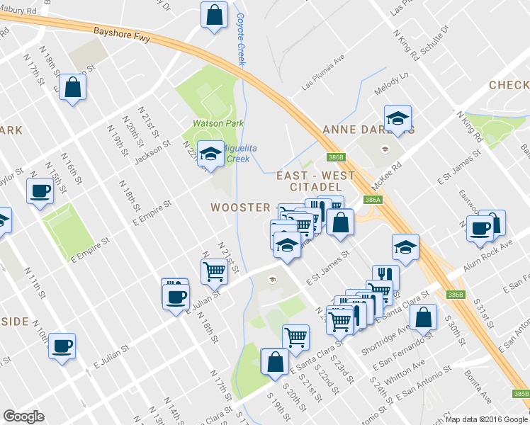 map of restaurants, bars, coffee shops, grocery stores, and more near 450 Coyote Creek Circle in San Jose