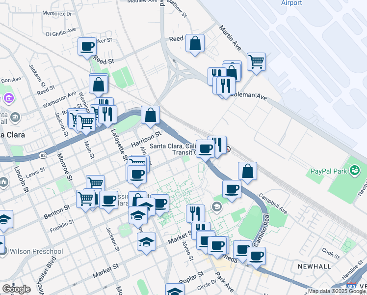 map of restaurants, bars, coffee shops, grocery stores, and more near in Santa Clara