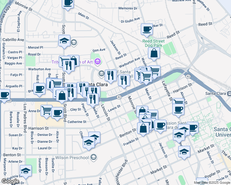 map of restaurants, bars, coffee shops, grocery stores, and more near 1440 Civic Center Drive in Santa Clara